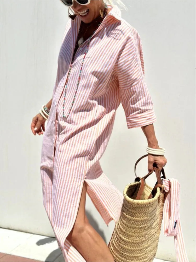 Robe Chemise Femme Manches Longues Ceinturée Col à Revers Élégante