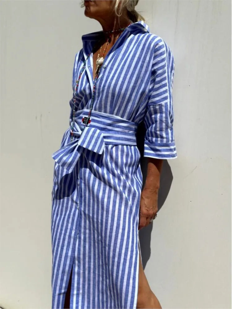 Robe Chemise Femme Manches Longues Ceinturée Col à Revers Élégante