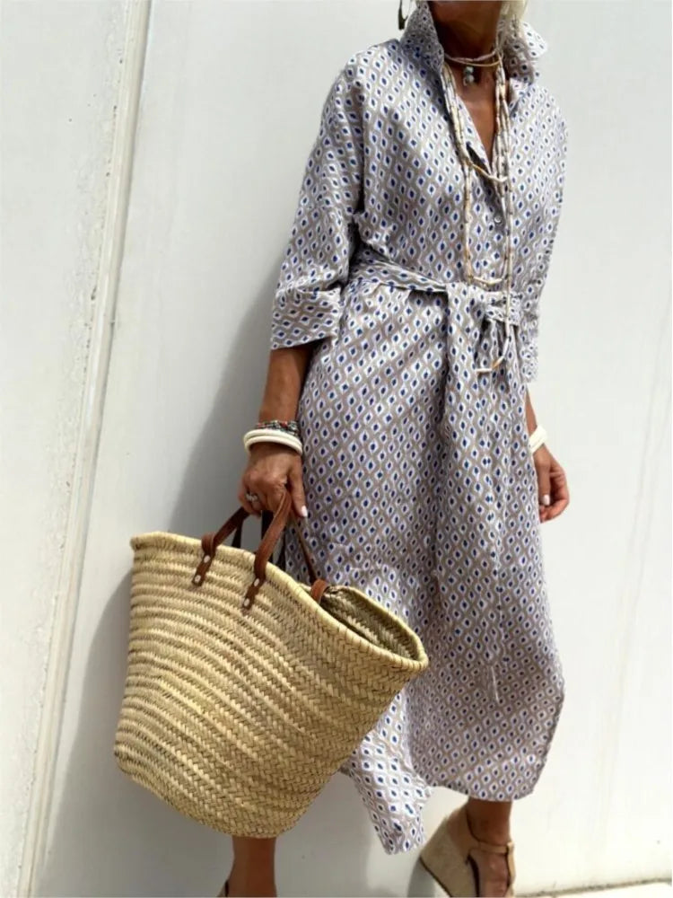 Robe Chemise Femme Manches Longues Ceinturée Col à Revers Élégante