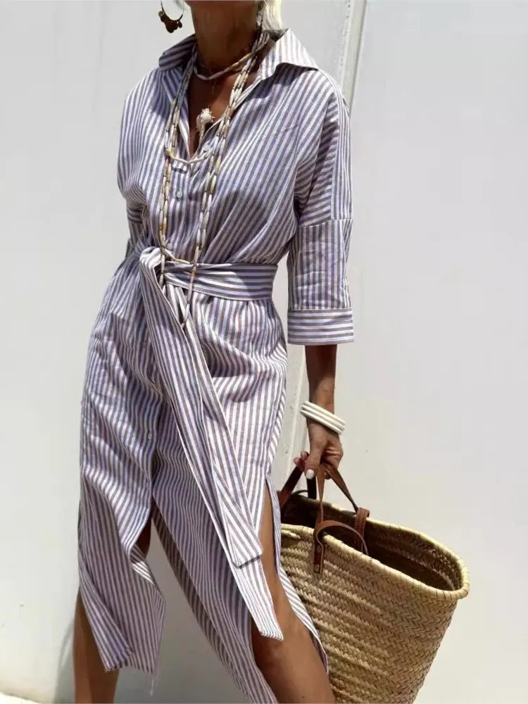 Robe Chemise Femme Manches Longues Ceinturée Col à Revers Élégante