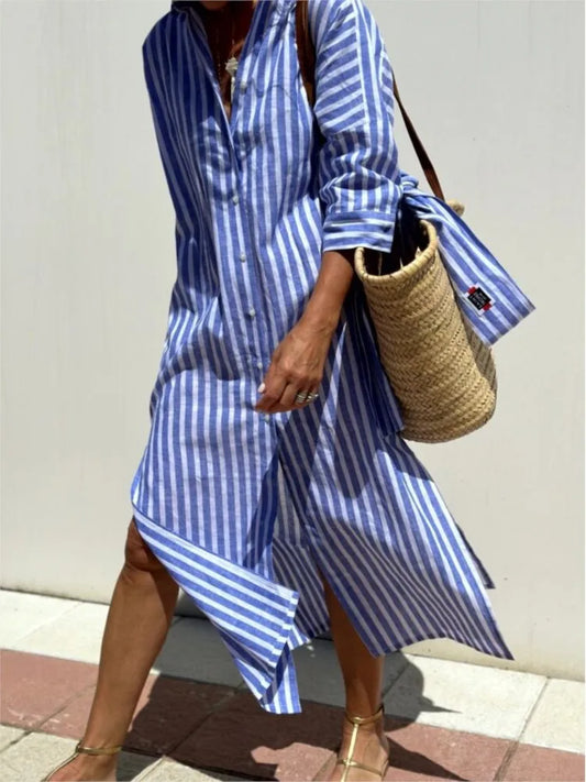Robe Chemise Femme Manches Longues Ceinturée Col à Revers Élégante